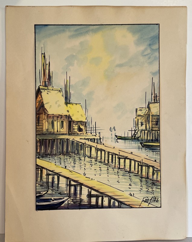 Vintage Original Signed Pen & Ink Watercolor Painting Village On Waterway Dock