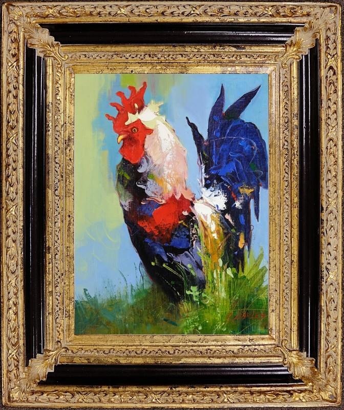 Framed Oil Painting, Rooster Portrait, Signed R Charles, Korean Art Collection