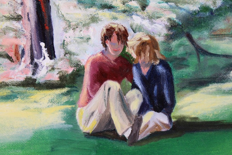Vintage Couple In The Woods Landscape Oil Painting On Canvas Signed Illegible gallery
