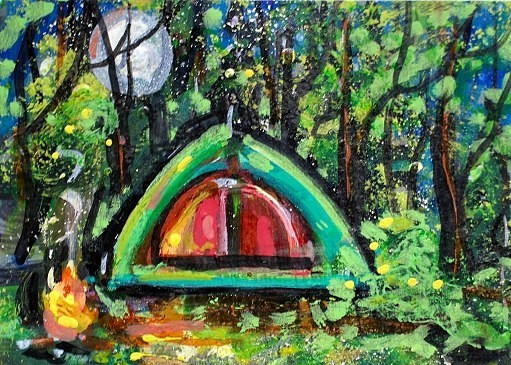 ORIGINAL ACEO Painting CAMPING Tent Fire Trees Woods Moon Night Stars ATC ART