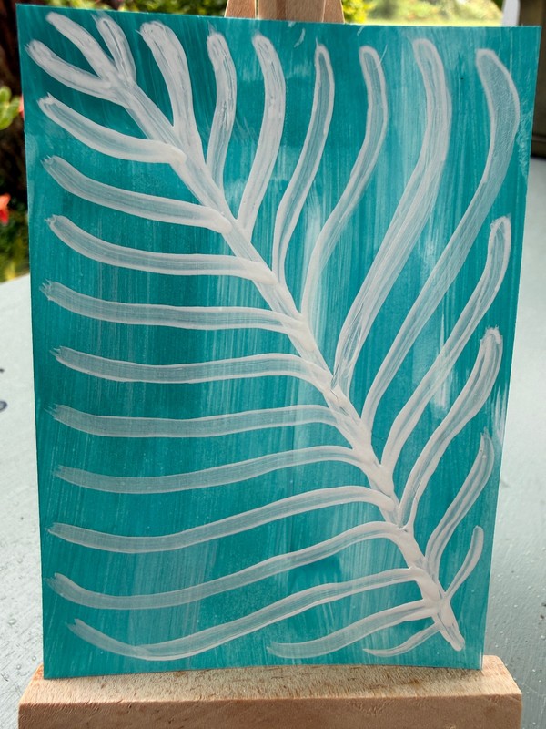 ACEO/ATC Original Mini Acrylic Painting «Petroglyph Fern» Signed 3.5×2.5