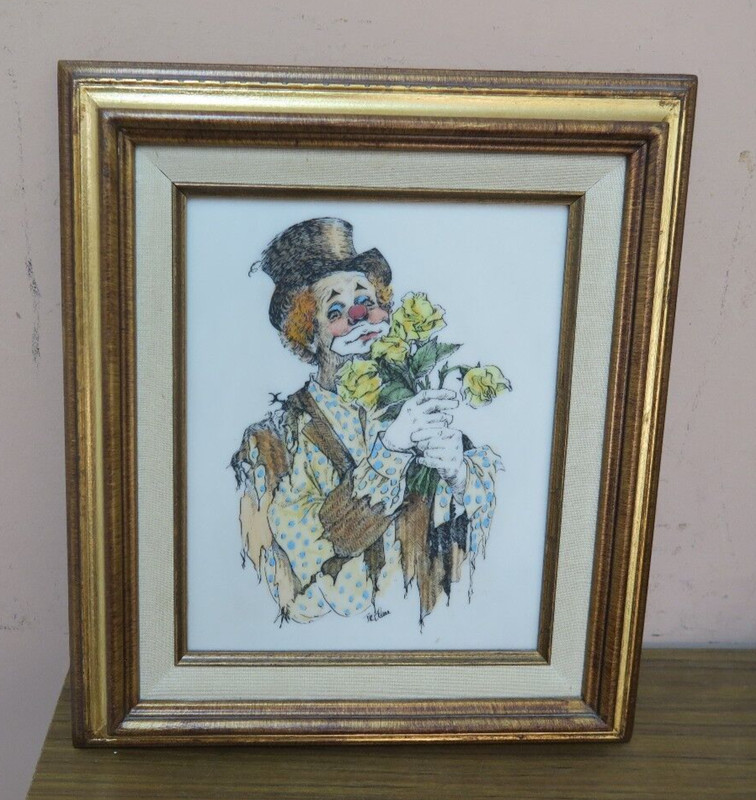 Vintage Engraving Etched Clown Rags & Roses Art Painting Signed JR Blair Framed