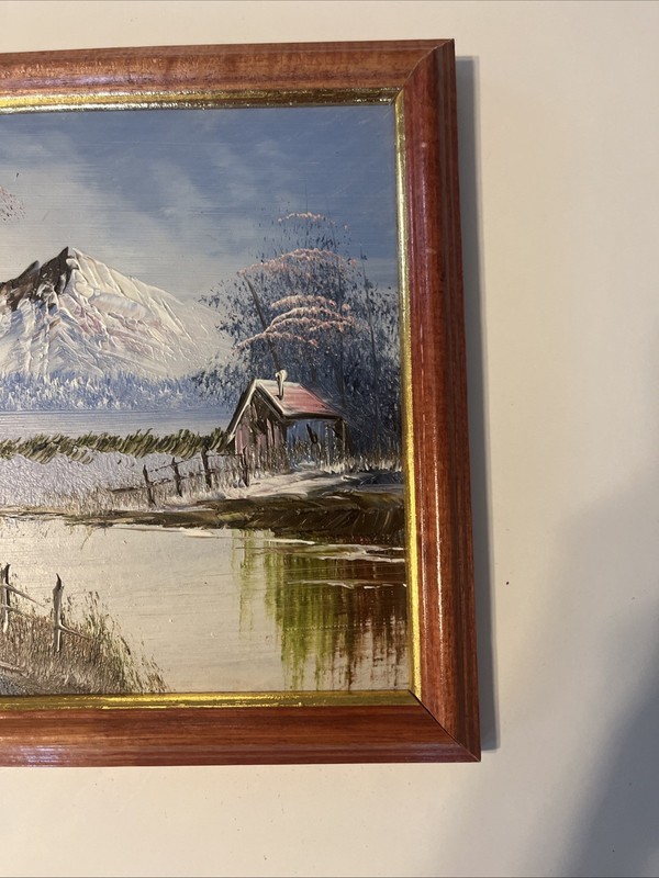Vintage Framed Winter Landscape Oil Painting On Hard Board 9x10.75” gallery