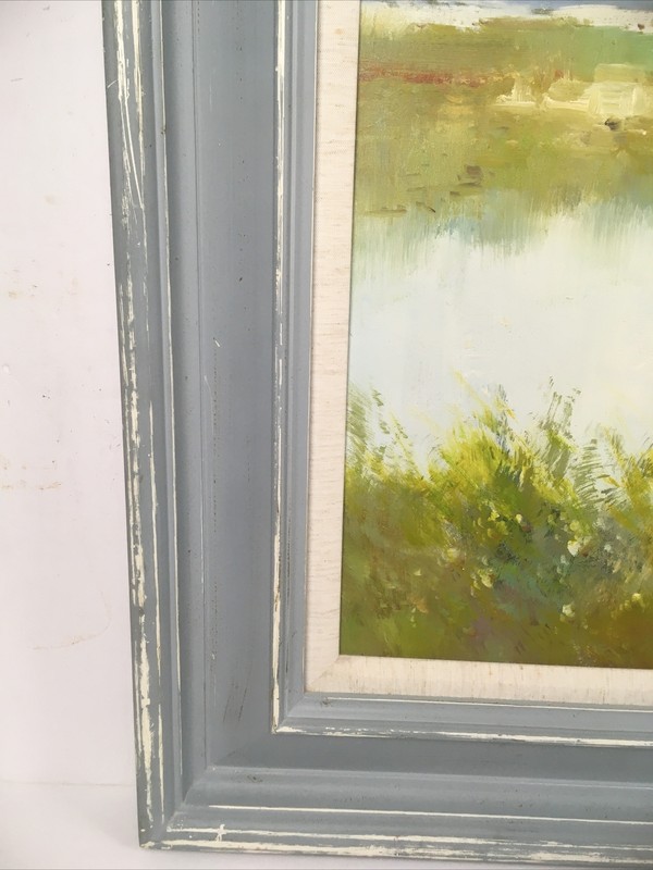 Oil Painting Stretch Canvas 32 13/16”W x 28 13/16”H Landscape Boat Grass-Angela gallery