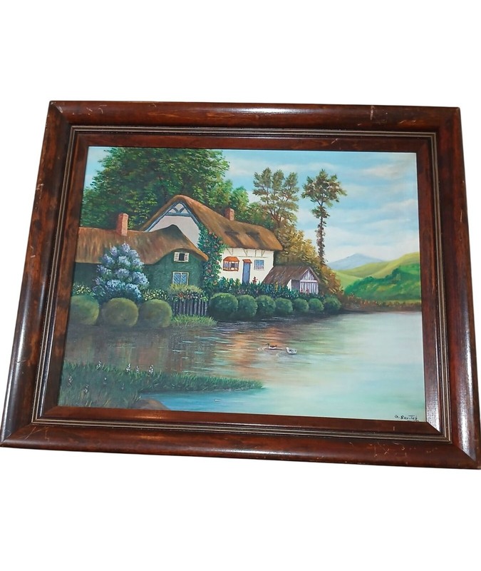 Vintage Cottage By Lake Original Art Framed Oil Painting Signed By G. Savitch