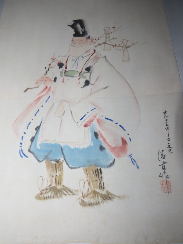 MAN IN HAT 19th CENTURY SILK PAINTING JAPAN SIGNED FOLK ART ANTIQUE 14.5″ BY 9.5
