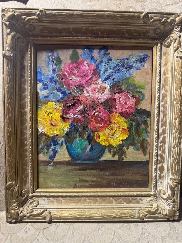 Polly Vose 1964 «A Still Life With Vase Of Flowers Scene» Oil Painting – Framed