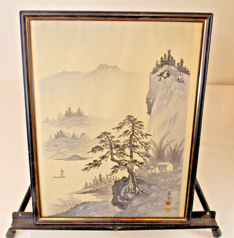 Chinese Drawing Village Mountains Water Boat Trees Signed Red Stamps Framed