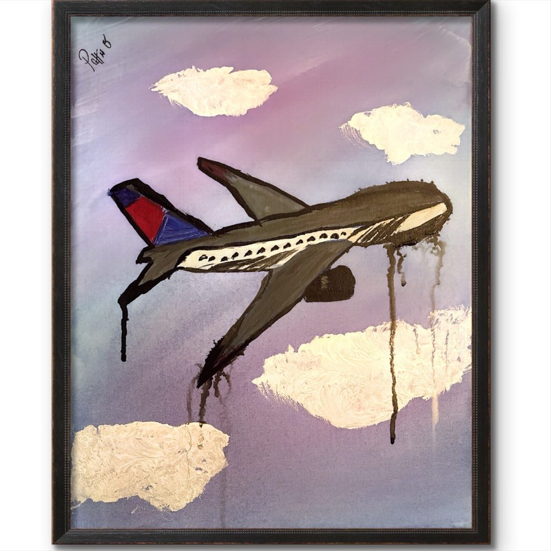 Plane Airplane Contemporary Folk Art Painting 14×11 Canvas Signed Home Decor