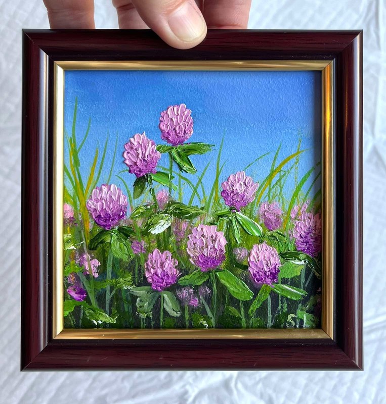 Summer Original Oil Painting Landscape Clover Meadow Impasto Wall Art 4 x 4 in