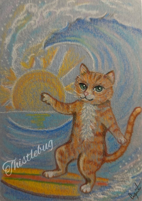 ACEO Miniature Cat Animal Summer Ocean Original Artwork Pastel Painting Tiny Art