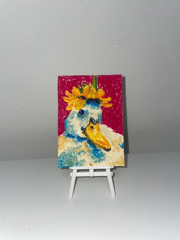 aceo original art card of an oil pastel cute duck