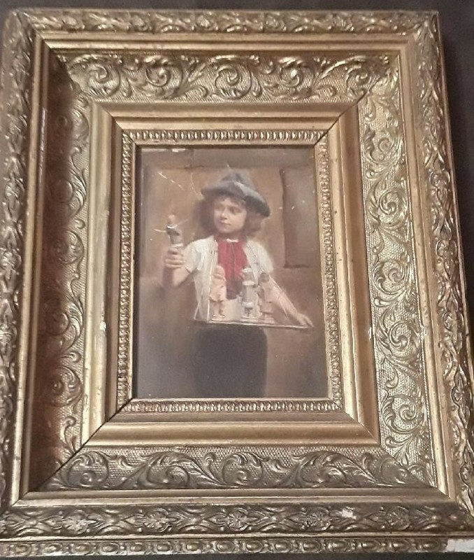 ANTIQUE 19th CENTURY OIL PAINTING BOY with FIGURINES/DOLLS picture