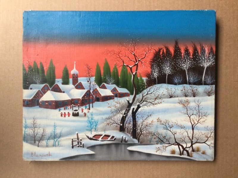 Naïf Winter Village Scene by Polish – French artist Blasnavski (1920 – ?)