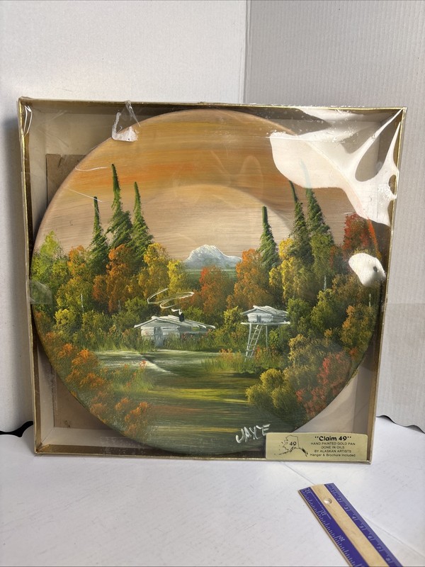 Hand Painted Gold Miners Metal Pan Alaska Original Art Signed Jayce Claim 49