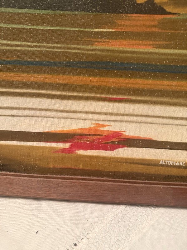 Vintage Signed Altomare Original Oil Painting on Canvas MCM Sunset Retro Sun gallery