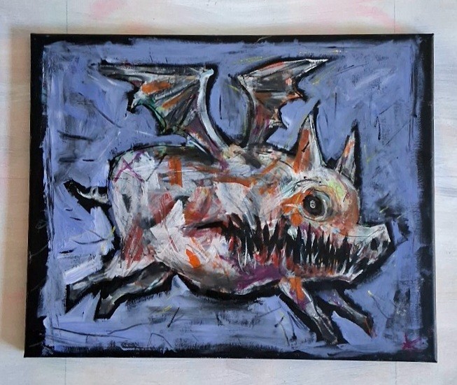 Flying Pig Painting Expressionist Folk Art Thayer OOAK Large Signed Canvas gallery