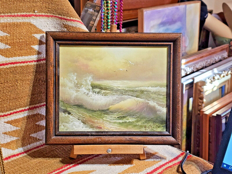 VERY PRETTY LITTLE O/B SEASCAPE PAINTING BY LISTED ARTIST H. GAILEY w SEA GULLS