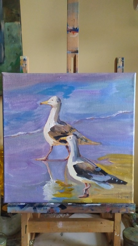 oil painting on canvas original art with two seagulls on the seacoast gallery