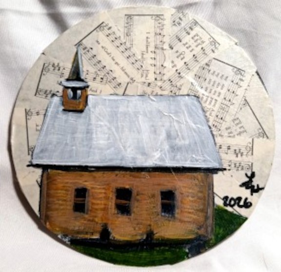 Small Church Vinyl Record Painting • Original Acrylic by Loretta Nash