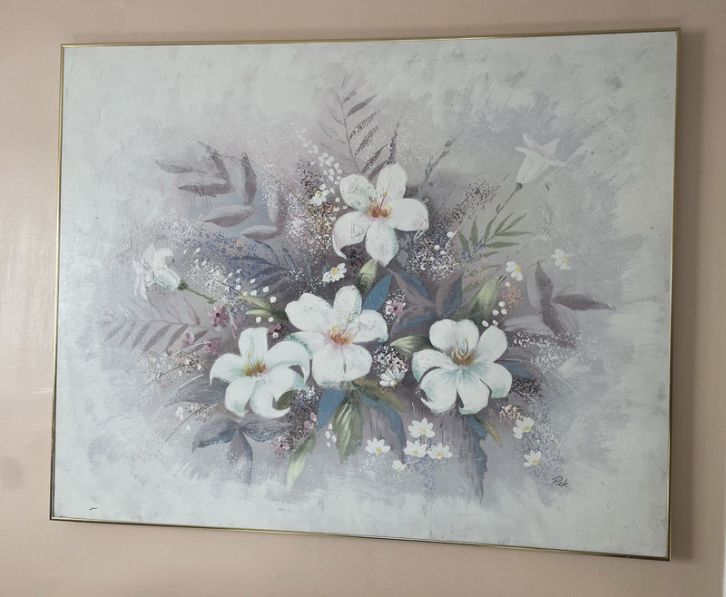 Vtg 80s 90s Floral Painting Signed Pak Large Hanging Canvas Metal Frame 52 x 41