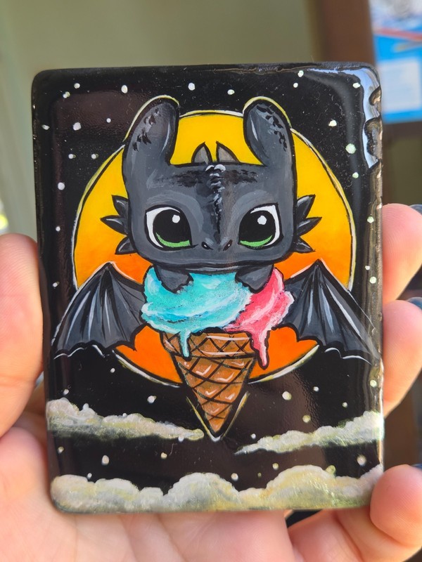 Toothless Dragon Cute Ice Cream Hand-Painted Acrylic Painting on Santorini Stone gallery