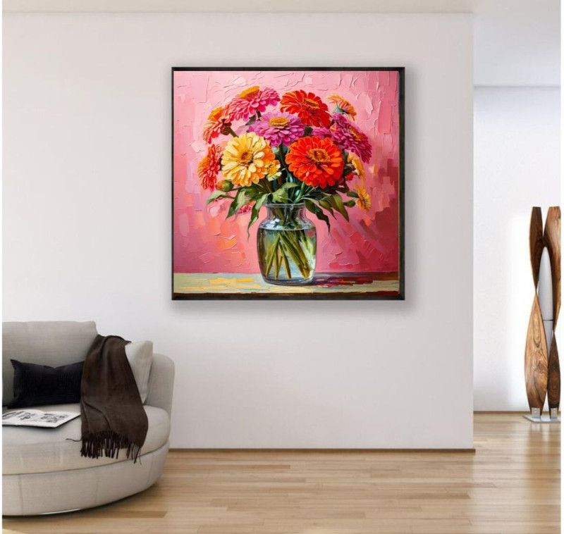 ORIGINAL Oil PAINTING on Canvas Zinnia Textured Art 12x12 in Custom Order gallery