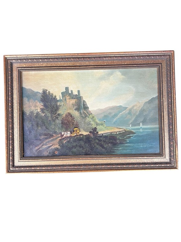Antique Vintage 19C Continental Painting Oil/Canvas»Rheinstein Castle, Germany»