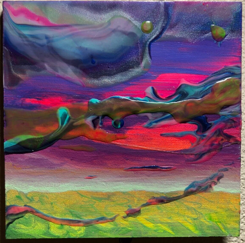 Fluorescent Clouds 2 – Neon Acrylic and Oil Paint on Wood Panel Painting