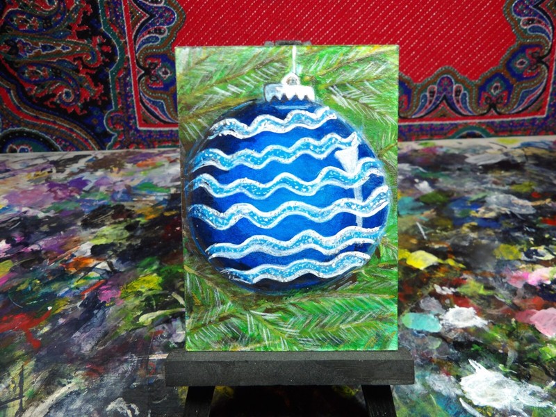 ACEO ORIGINAL ACRYLIC CHRISTMAS ART CARD HAND PAINTED CHRISTMAS TREE ORNAMENT