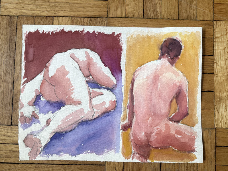 Vintage Watercolor Study Painting Portrait Two Men Peter Feldman 15 x 11 Gay Int
