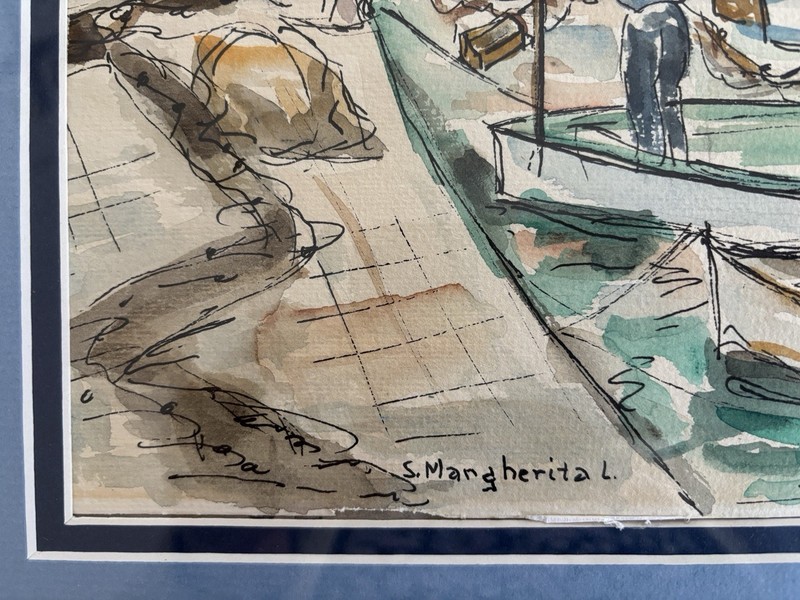 Vtg Framed Pen & Ink Watercolor Painting SANTA MARGHERITA Italy Fishermen Boats gallery