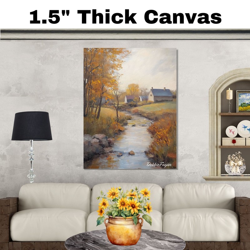 Autumnal Stream Running Thorugh a Village Flat Rolled, Framed or Wrapped Canvas gallery