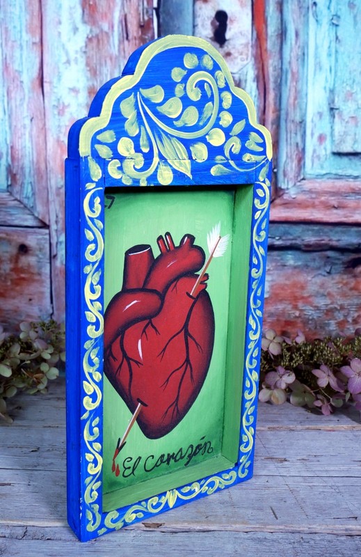 Heart Loteria Painting on Wood Retablo Handmade Hand Painted Mexican Folk Art gallery