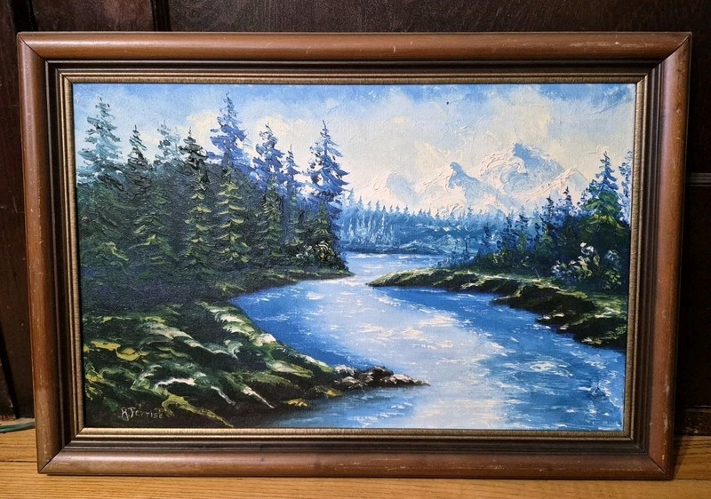 Vtg Original Art ACRYLIC PAINTING ROCKY POND SHORE LANDSCAPE Signed Framed 16X24