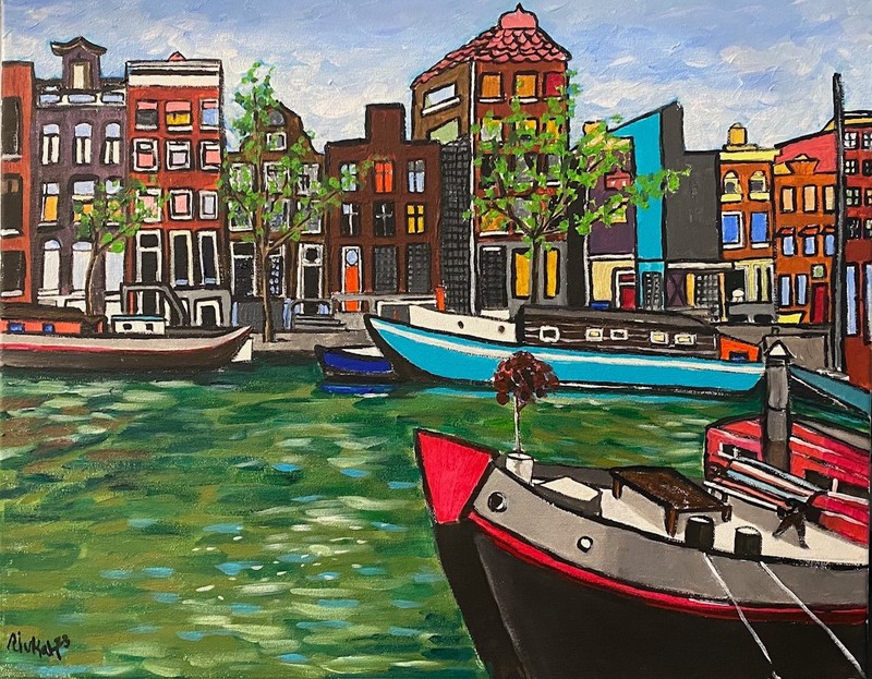 Original Acrylic painting, Amsterdam canal, abstract impressionism, ships free