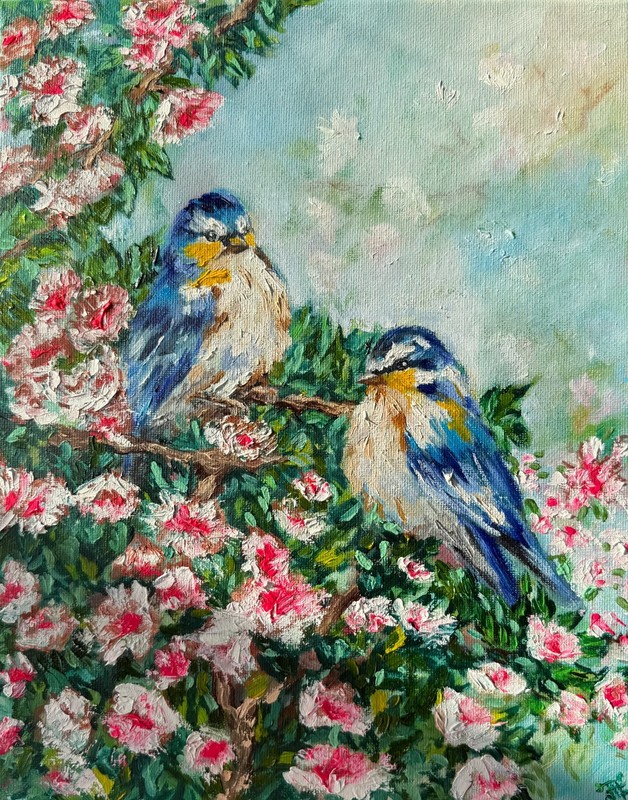 Chickadees Paintings Flowers Original Art Bird Painting Floral Wall Art Animal