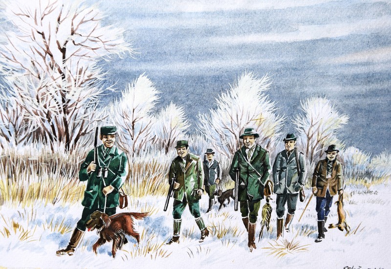 Günter Schönfeld 1911-1988 Wildeshausen/watercolor 1985 hunter winter rabbit hunting