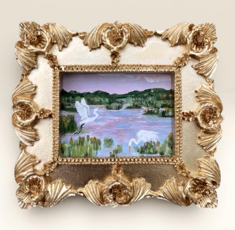White Egret birds in Marsh Landscape mini watercolor print in gold ornate frame
