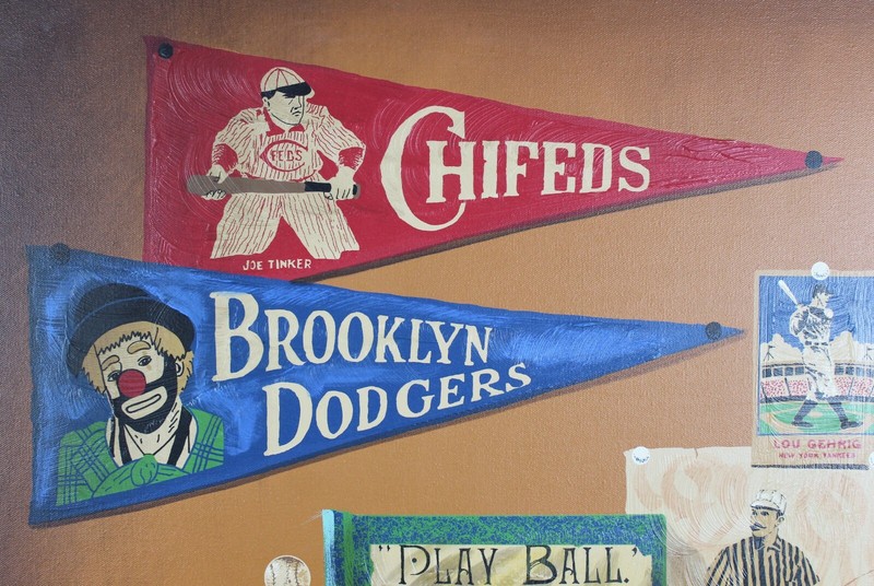 47" Folk art style painting of vintage Baseball, signed Huntington, Lou Gehrig gallery