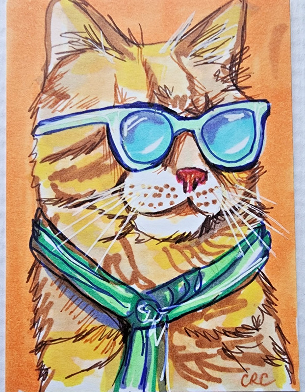ACEO original POPART KITTY cat miniature painting art card by CRC