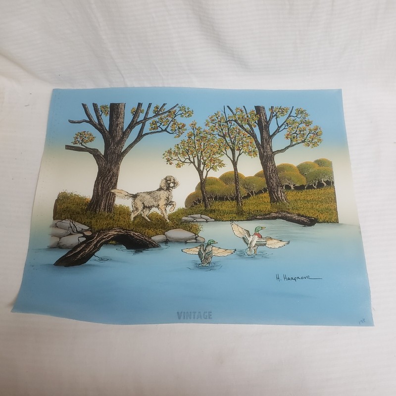 H HARGROVE Dog Spaniel, Ducks In Woods PAINTING PRINT CANVAS SIGNED 15″×19″ New