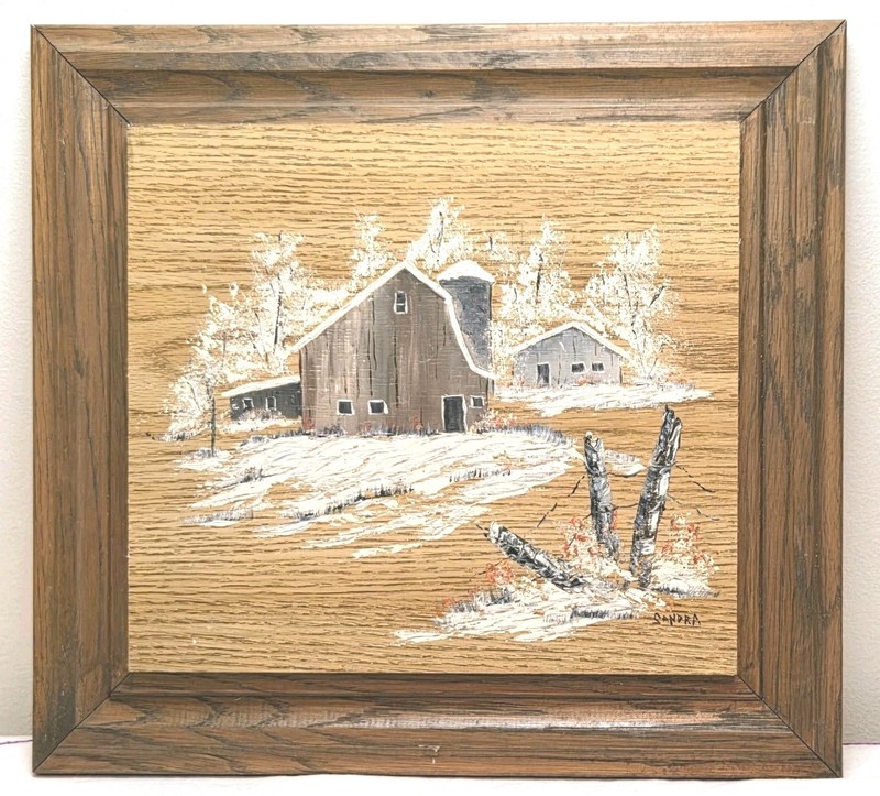 Winter Barn Landscape on Wood Rustic Farmhouse Cozy Cabin Vintage Wall Art Decor