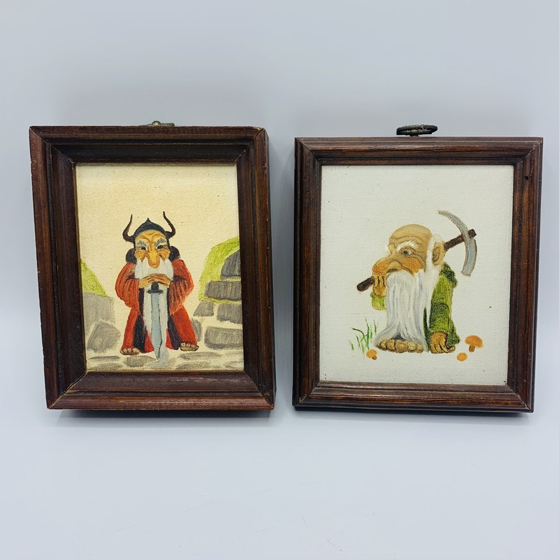 Oil Painted Dwarves Lot With Frames LOTR Fantasy D&D Gnome Pair