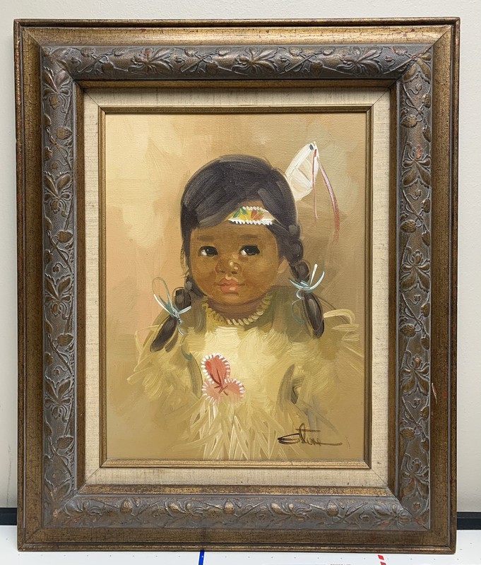 Original Oil Painting Native American Indian Eskimo Girl Portrait Signed Stone