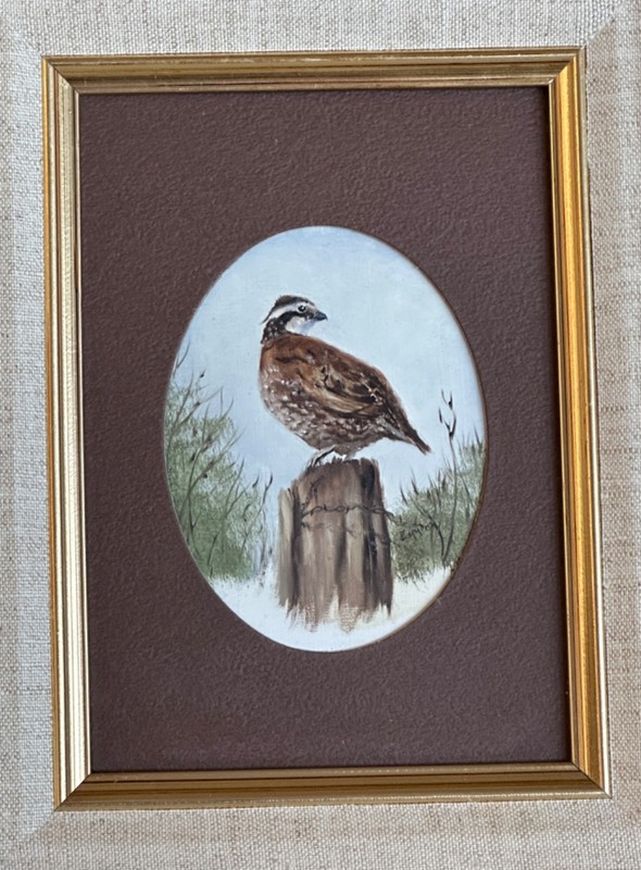 EMMONS ORIGINAL "QUAIL ON POLE OIL PAINTING ON PANEL BOARD FRAMED 10.75" X 8.75" gallery