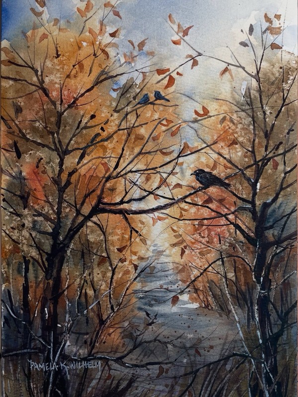 Pamela Wilhelm Watercolor & Ink 7×10” Original Landscape Raven Autumn Trees