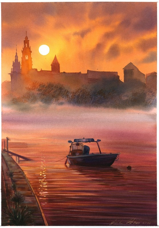 original painting 24 x 34 cm 118DM artwork watercolor landscape sunset