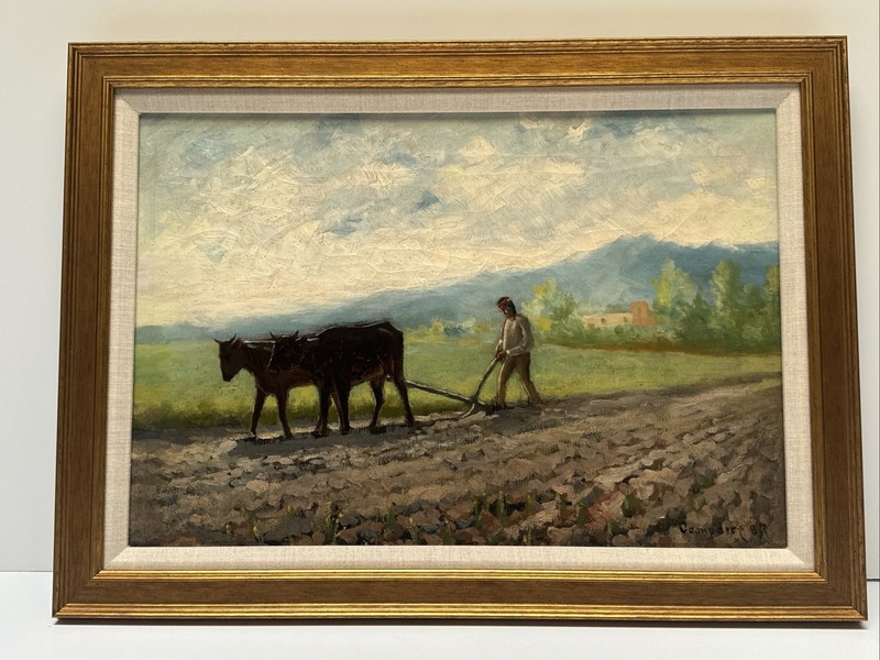 ANTIQUE CALIFORNIA PAINTING WPA AMERICAN FARMING FARM INDIAN JOHN COMPARET OIL