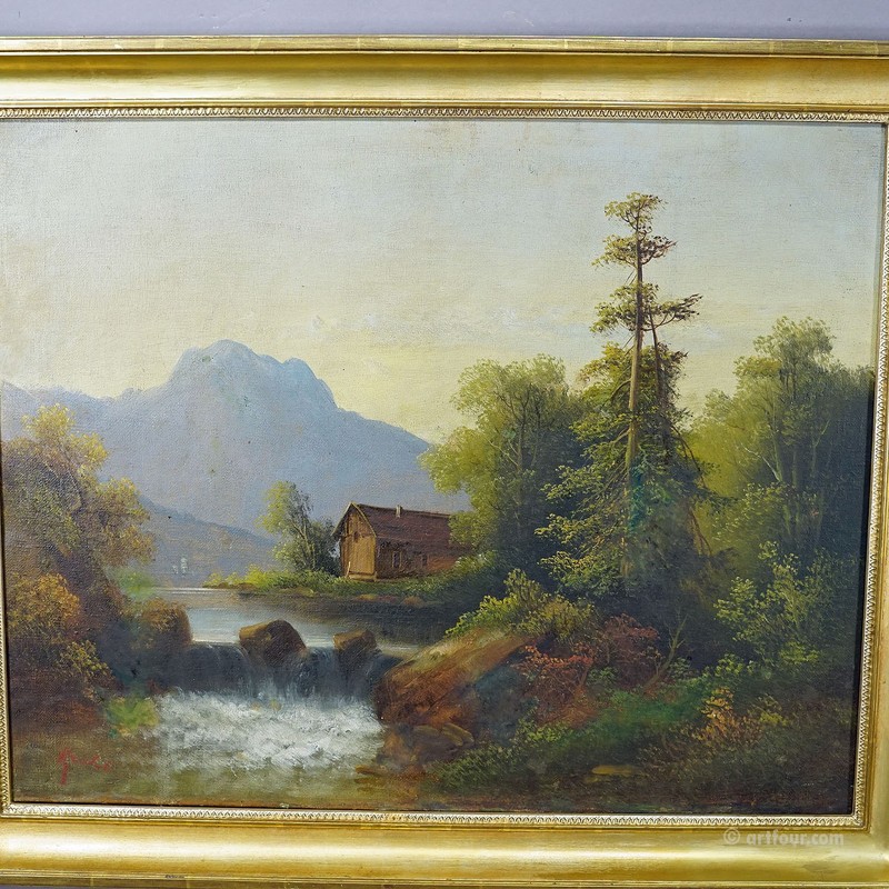 Painting Summerly Mountain Landscape with Water Fall Mountain Hut 19th century gallery